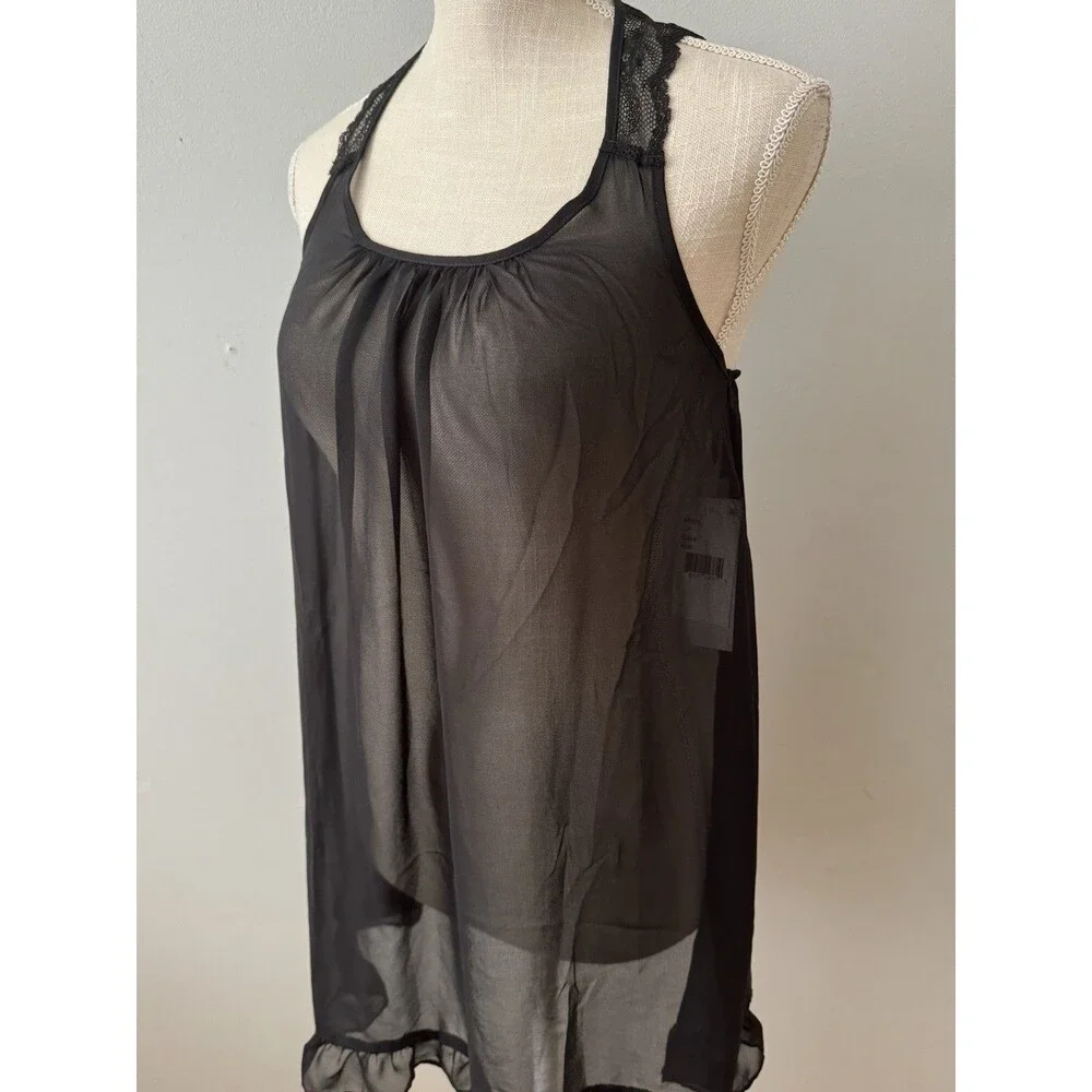 NEW Linea Donatella Sheer Black Chemise Slip Dress Lace Bow Size Small